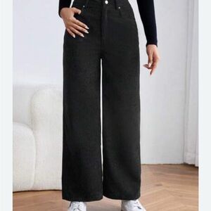 Women's Black Corduroy Wide-Leg High Rise Trousers